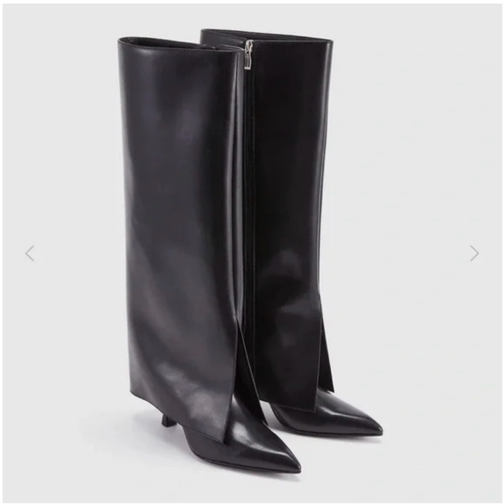 Women's Black Leather Pointed-Toe Heeled Boots